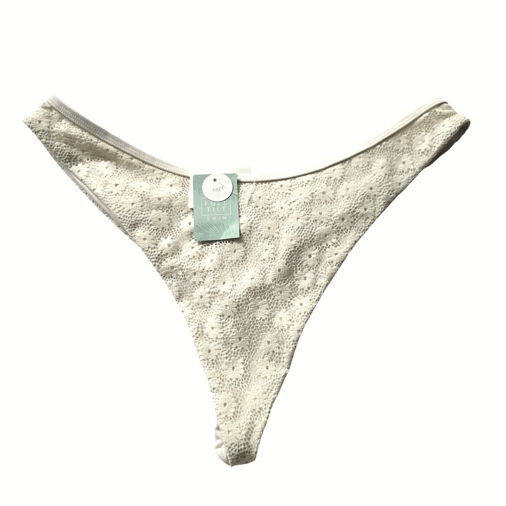 Full Tilt Swim Cream Floral Lace Thong Bikini Bottom High Cut XL NWT